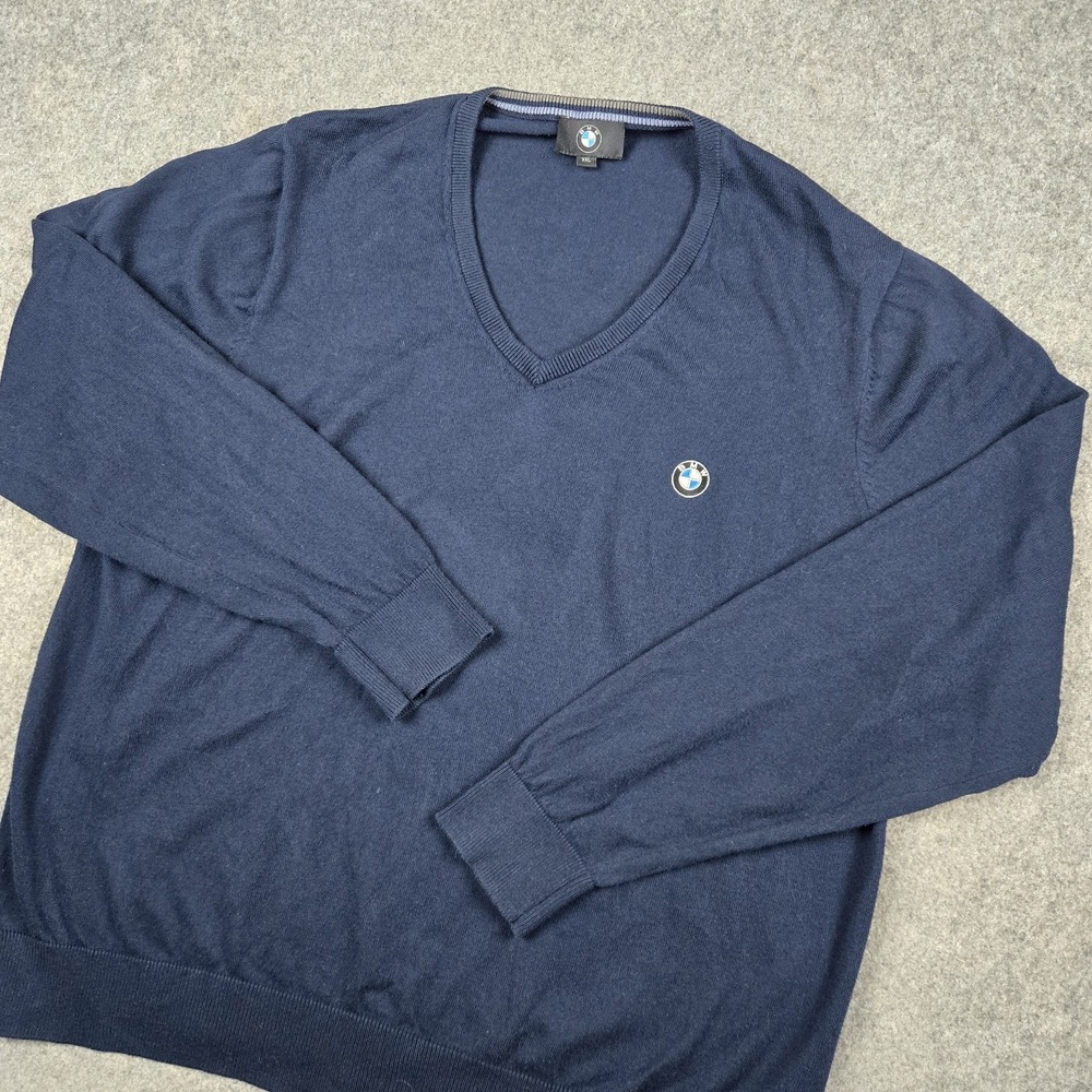 BMW Sweatshirt Mens XXL‎ 2XL Blue Cashmere Blend Sweater Preppy V Neck Pullover